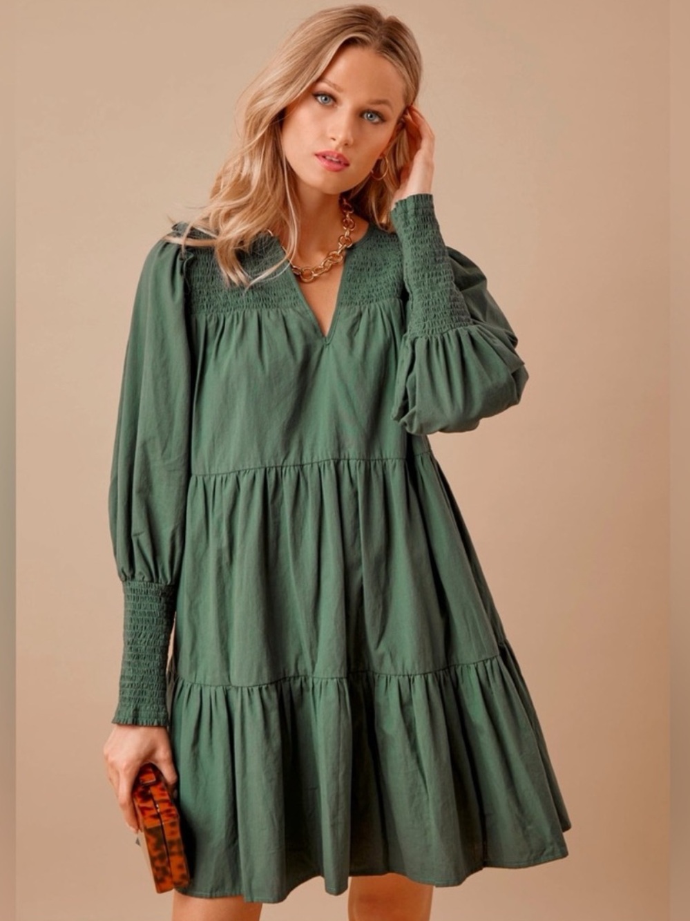 Pomander Place Ceci Smocked Long Sleeve Green Tiered Mini Dress Sz M 100% Cotton